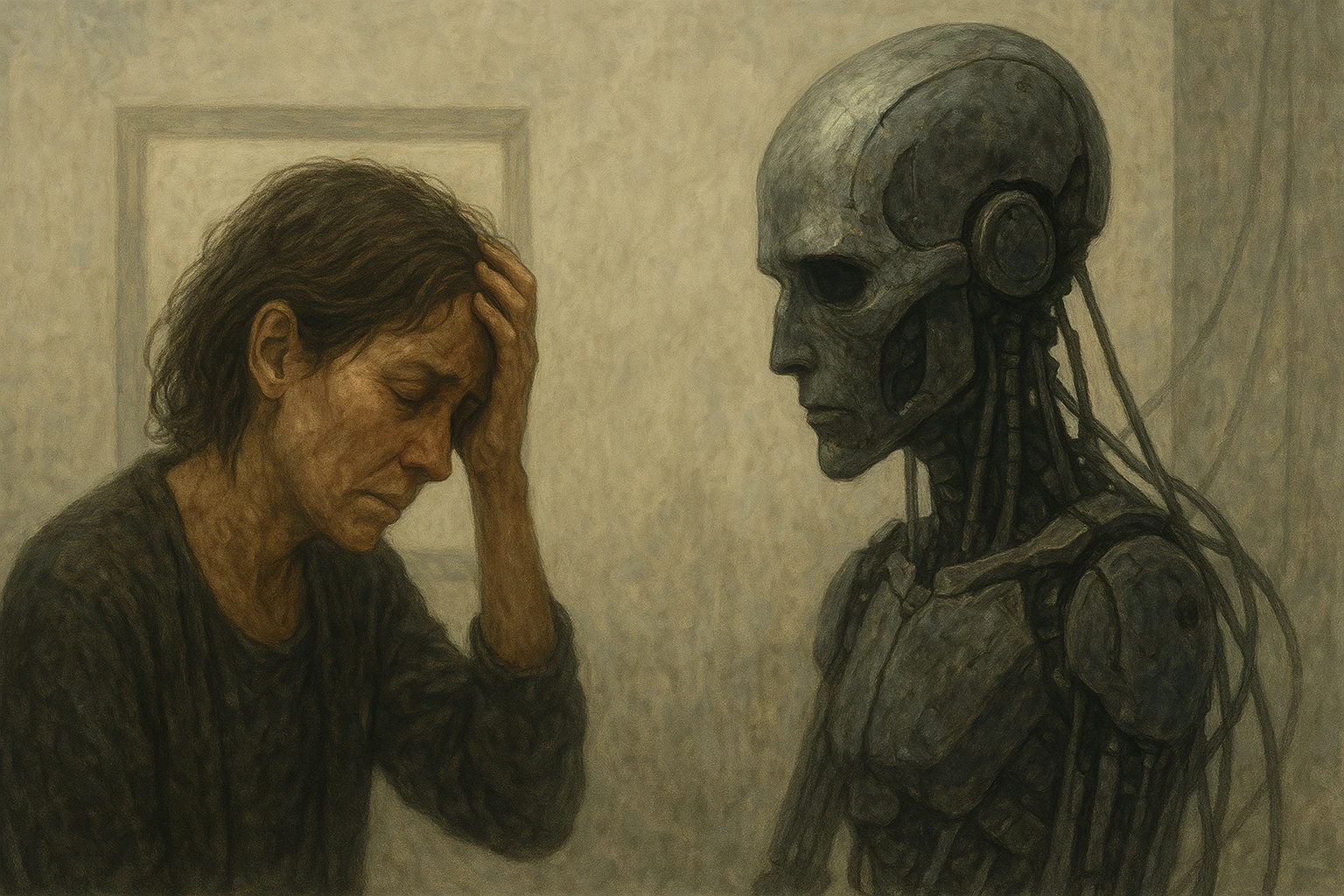 A woman sits in distress before a humanoid robot, symbolizing AI mirroring and the psychological cost of replacing human connection with machines.