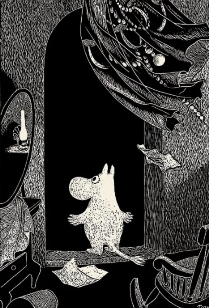 A Moomin character paused in a doorway, facing the world beyond.