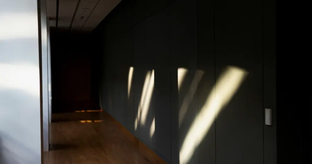 A dimly lit corridor with shadowed walls and streaks of light falling across the surface