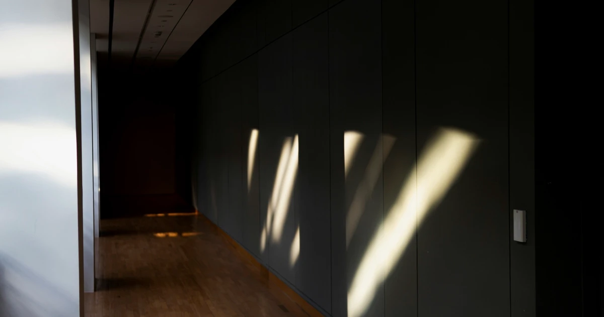 A dimly lit corridor with shadowed walls and streaks of light falling across the surface