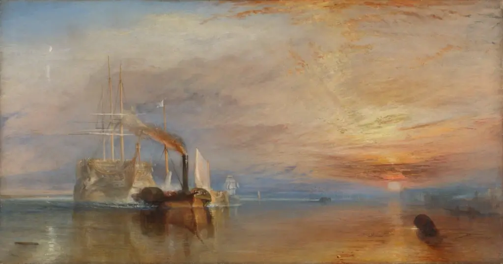 J.M.W Turner's The Fighting Temeraire, showing the historic warship being towed to its final berth at sunset, symbolising farewell, memory and loss.