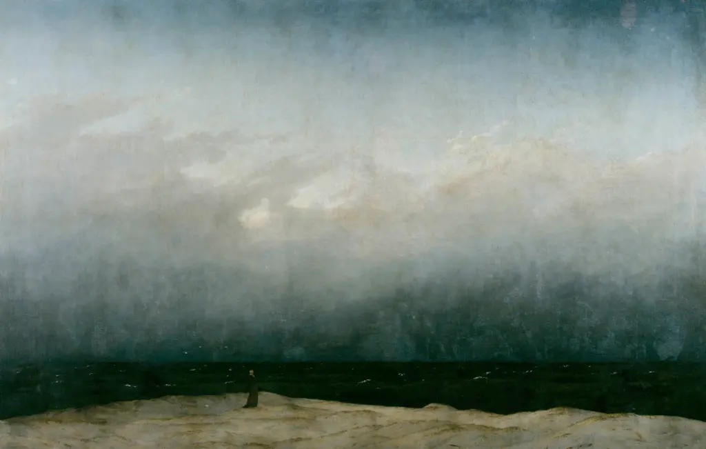 Casper David Friedrich's The Monk by the Sea, a solitary figure standing before a vast sea and sky.