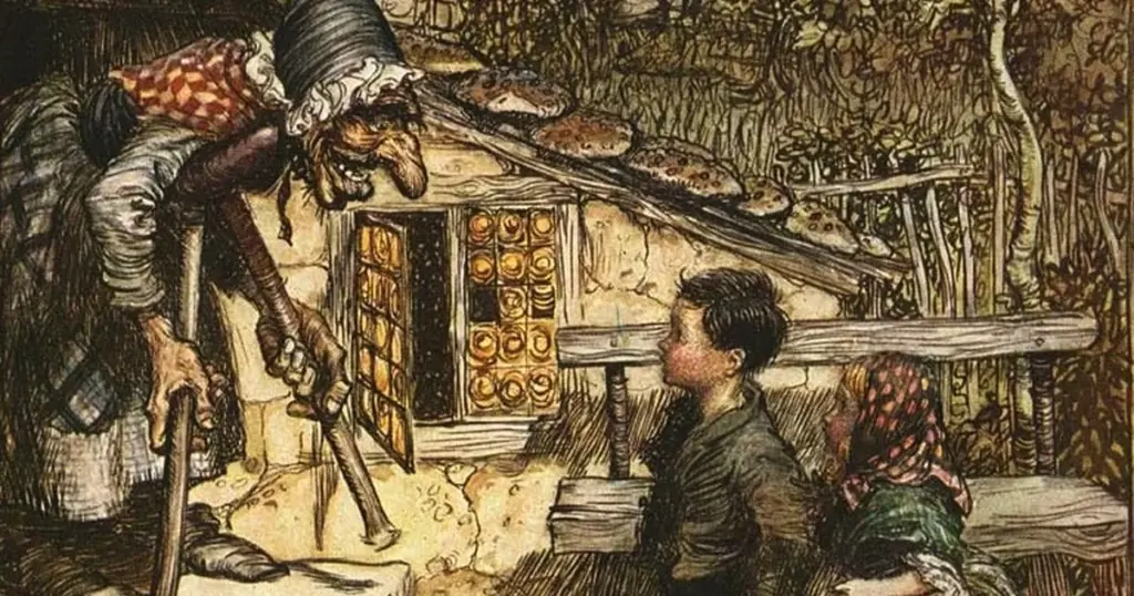Arthur Rackham illustration of Hansel and Gretel encountering the witch