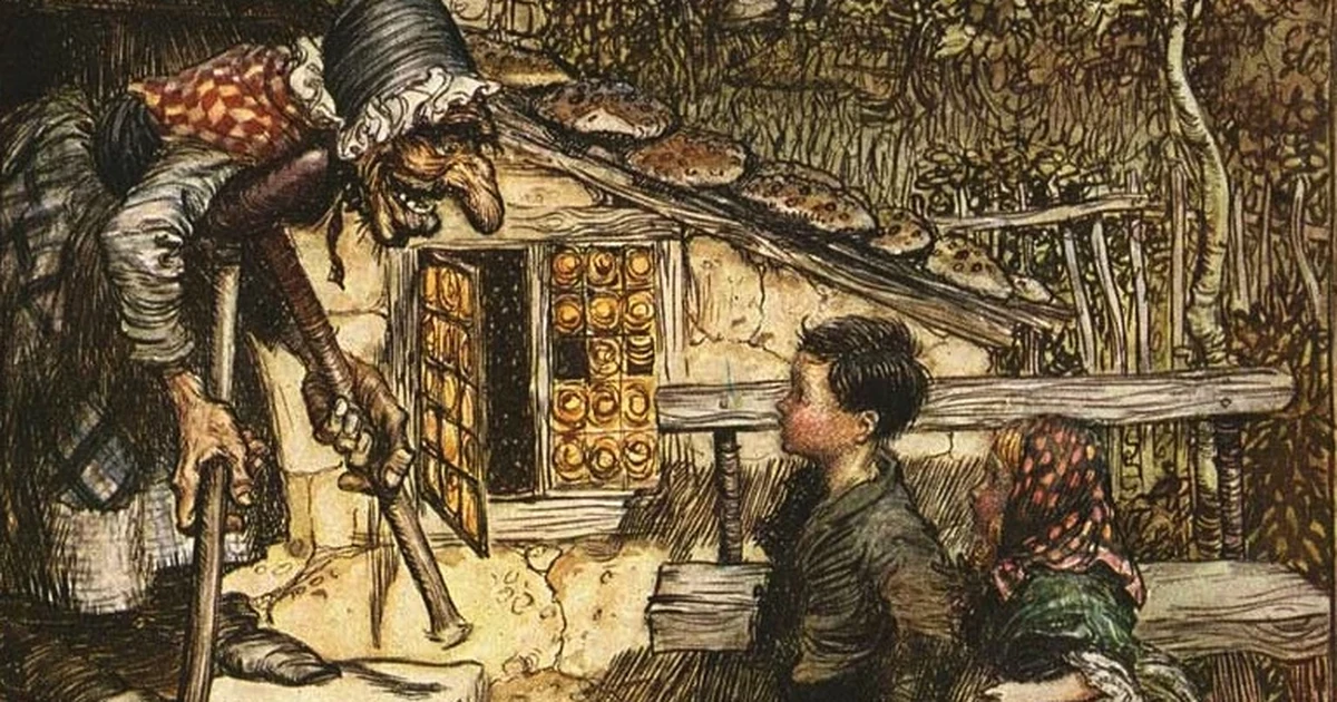 Arthur Rackham illustration of Hansel and Gretel encountering the witch